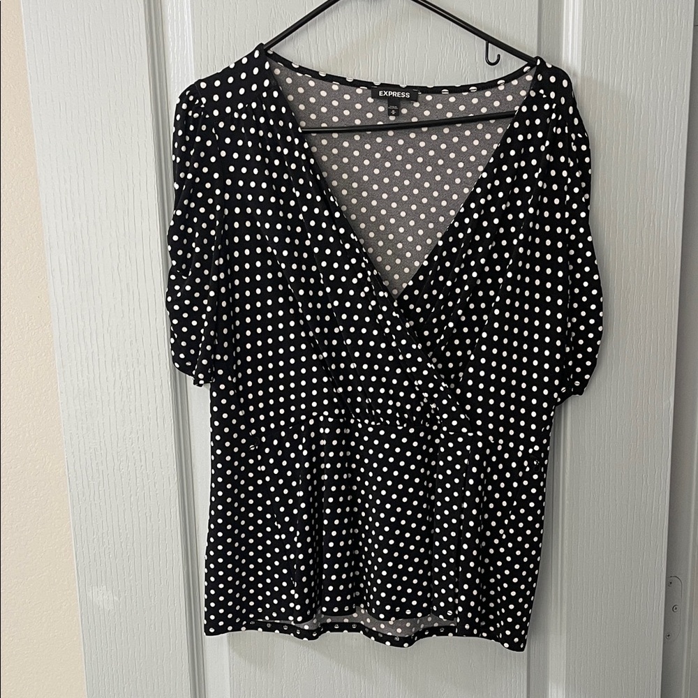 Express Black and White Polka Dot V-Neck Blouse